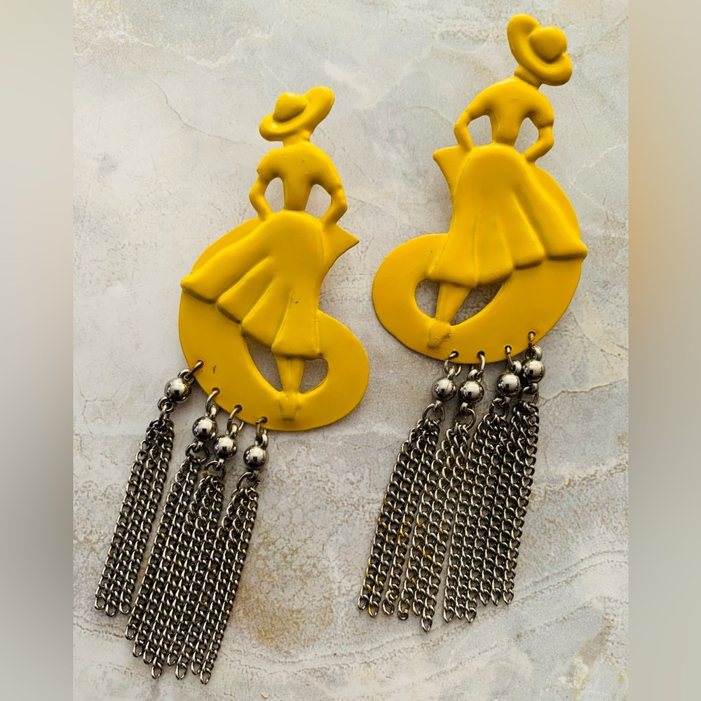Vintage Yellow Figurine Lady Earrings with Silver Chain Tassels